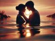 a couple in water with the sun behind them